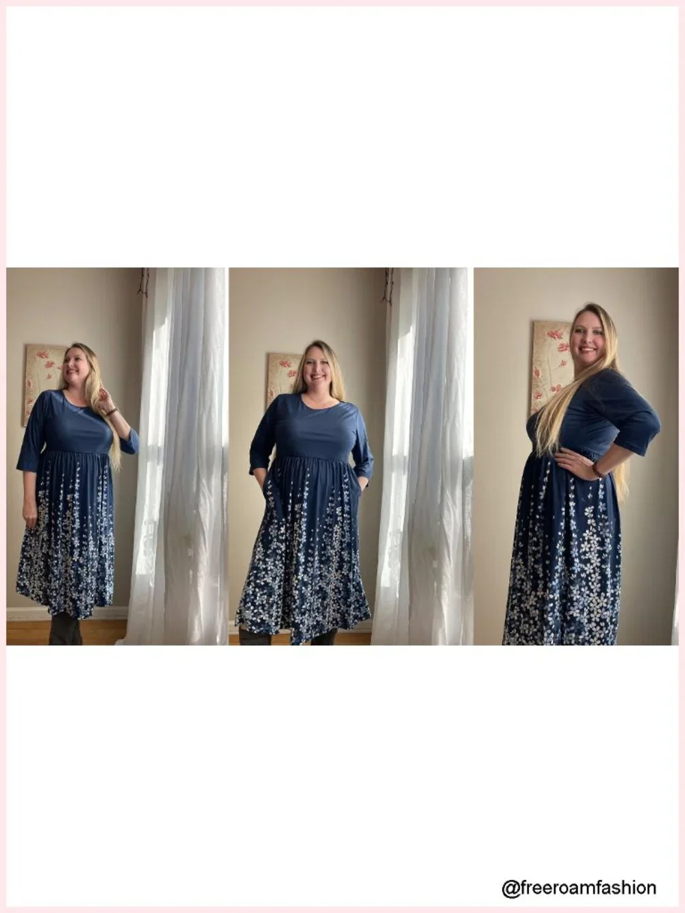 Plus Size 3/4 Sleeve Midi Dress with Pockets Casual Flowy A-Line Boho